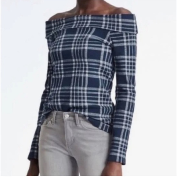 Banana Republic Blue White Plaid off the shoulders top Size XL - Picture 1 of 7